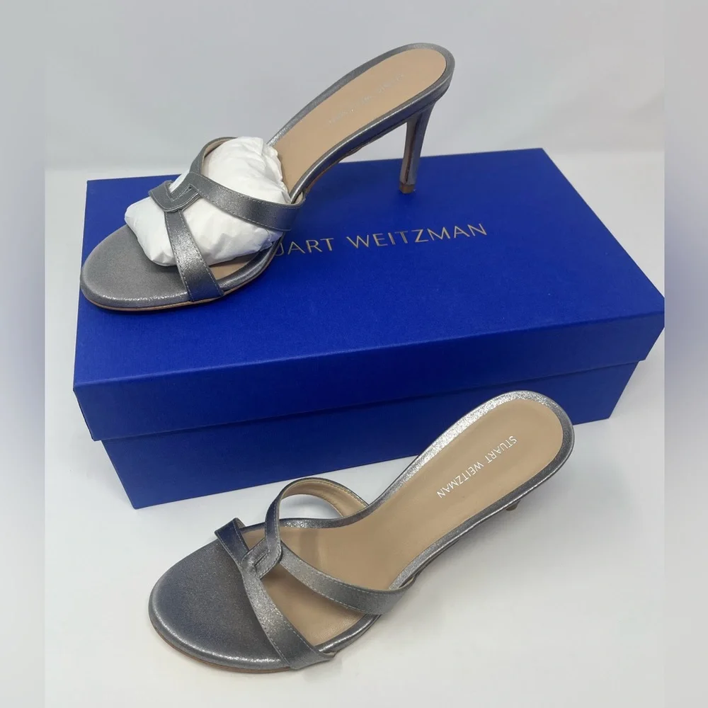 STUART WEITZMAN Soiree Sleek 75 Sandals Size 7 B Heel Shimmer Satin NEW w/box